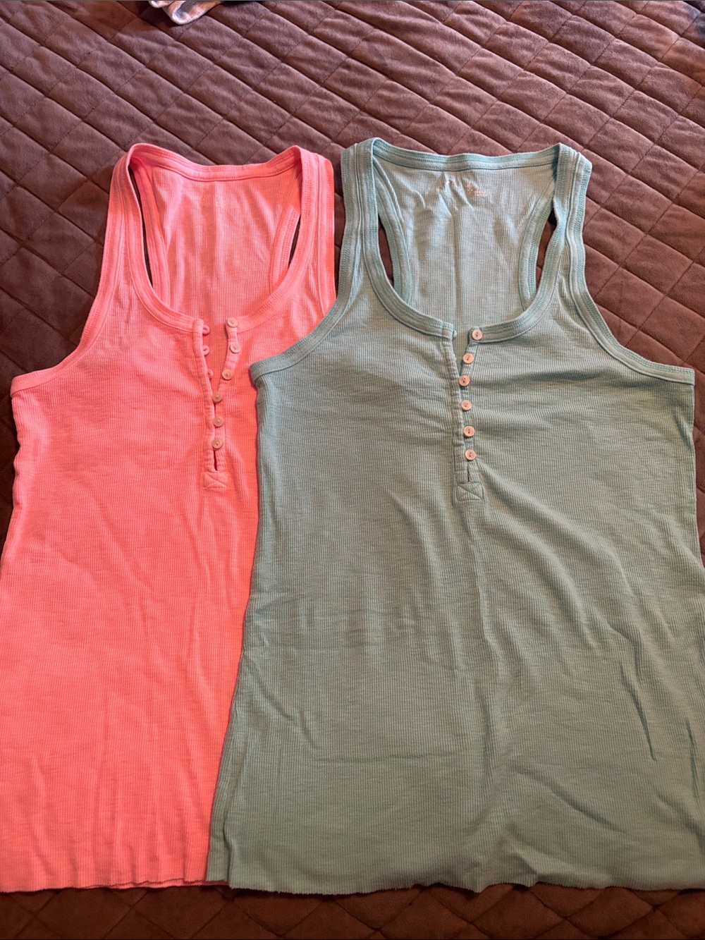 Aerie Women's Ribbed Henley Tank Top - Pink and Sage. Medium